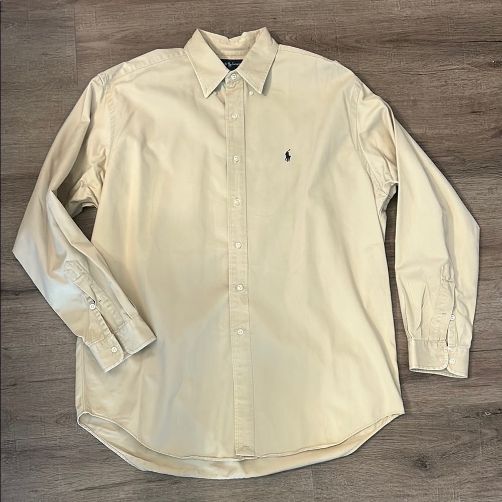 Ralph Lauren Blue Label Tan Casual Blake 100% Cotton Button Down Shirt L EUC